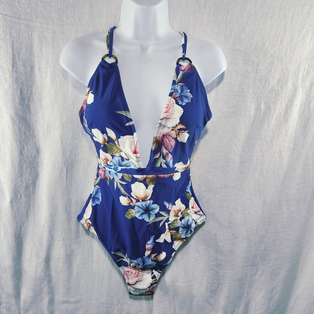 NWOT Womens Size Large  one Piece Bathingsuit Tropical Print Plunging Neckline